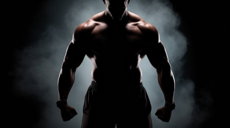 Muscular bodybuilder posing on black background with smoke. Close up.の素材