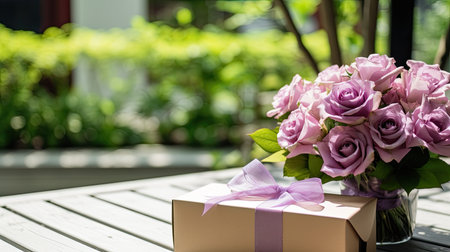 Gift box with purple rose bouquet on wooden table with green garden backgroundの素材