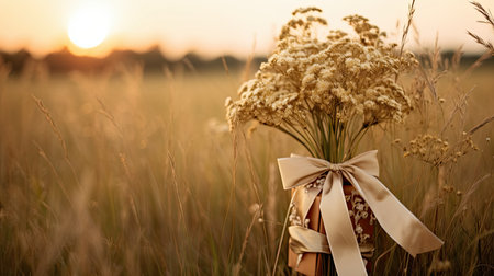 Wedding bouquet of dried flowers in the field at sunsetの素材