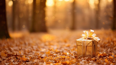 Gift box in golden autumn forest with bokeh background.の素材