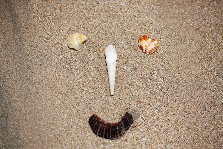 A smiling face made from miss matched sea shells placed on the sand in the sunshine passes on happiness to all.の写真素材