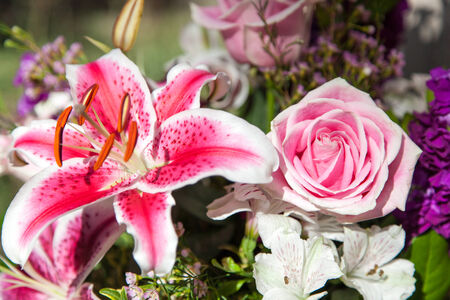 A delicate pink rose bloom next to a bright pink and white lily in a bouquet of flowers.の写真素材