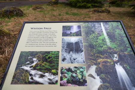 WATSON FALLS, OREGON - April 19, 2014:  An informational sign explaining about Watson Falls at Watson Falls, OR on April 19, 2014.のeditorial素材
