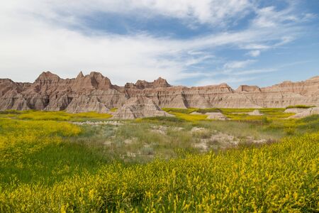 Dramatic mountain formations carved out by erosion showing layers of rocks with spring wildflowers below in Badlands National Park, South Dakota.の写真素材