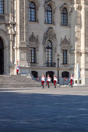 LIMA / PERU - May 10 2016: The changing of the guards with high kicks and pageantry at the Presidential Palace in Lima, Peru.のeditorial素材