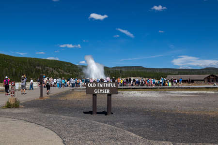 Yellowstone National Park, Wyoming / USA - July 22, 2014:  A large group of tourists stand around and watch the large geyser of Old Faithful to erupt at Yellowstone National Park in Wyoming.のeditorial素材