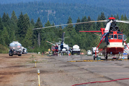 Prospect,  Oregon / USA - September 9, 2014:  A large helicopter named "The Pres" on the runway and preparing for flight to help put out the 790 Fire near Prospect, Oregon.のeditorial素材