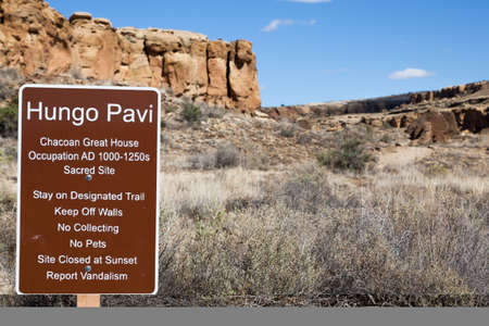 Chaco Canyon,  New Mexico / USA - September 30, 2014:  A metal sign giving information about the...
