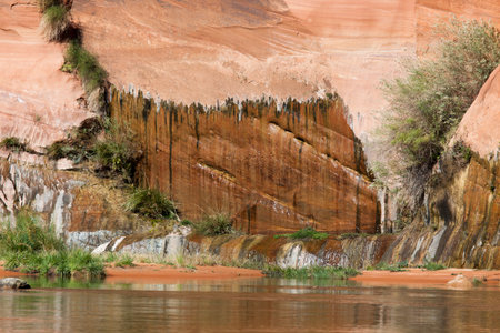 A small orange sand beach sits between the sandstone walls of Glen Canyon and the mighty Colorado River where a small spring seeps through the canyon walls.の写真素材