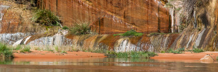 A small orange sand beach sits between the sandstone walls of Glen Canyon and the mighty Colorado River where a small spring seeps through the canyon walls.の写真素材