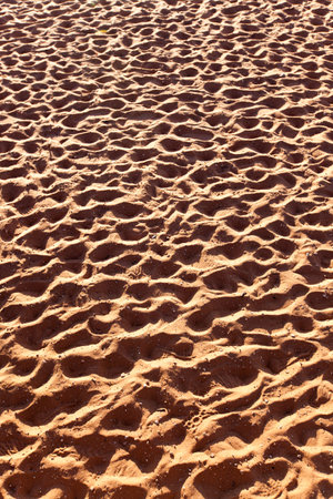 The sandy shore of Lee's Ferry landing in Glen Canyon with hundreds of footprints left by tourist who have rafted down the Colorado River from Glen Canyon Dam.の写真素材