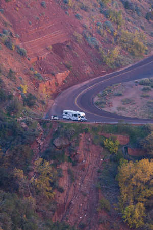 Zion National Park, Utah / USA - November 7, 2014:  A rental motorhome is stopped at a viewpoint on the windy and steep road that goes through Zion National Park, Utah.のeditorial素材