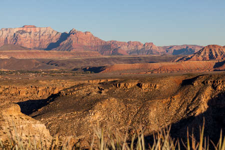 Looking past desert landscape to the dramatic mountains of Zion National Park in Utah at sunset with a clear blue sky.の写真素材