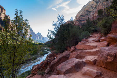 The Virgin River as it winds through the beautiful landscape of Zion National Park in Fall.の写真素材