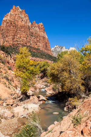 The Virgin River as it winds through the beautiful landscape of Zion National Park in Fall.の写真素材