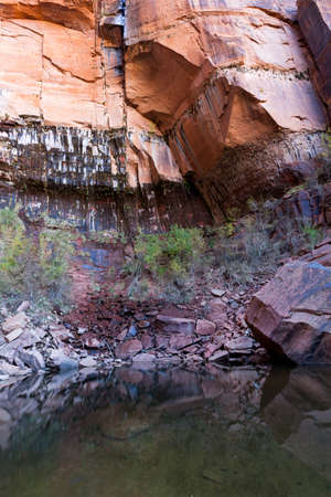 Emerald Pool surrounded by steep cliffs and eroded falling rocks and boulders with a clam surface and reflection at Zion National Park, Utah.の写真素材