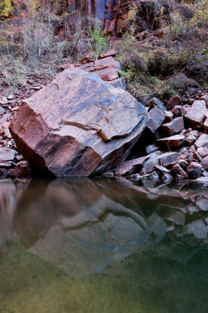 A large boulder on the edge of Emerald Pool casting a reflection in the calm water at Zion National Park, Utah.の写真素材