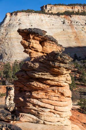 A sandstone rock tower or hoodoo rises up from the ground capped with iron infused rock that protects it from eroding as fast as the surrounding rocks do in Zion National Park, Utah.の写真素材