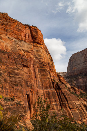 Rock cliffs that have eroded over time into unique formations inside Zion Canyon at Zion National Park, Utah.の写真素材