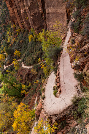 A section of trail leading up to the popular attraction of Angel's Landing shows the enormity of the canyon at Zion National Park, Utah.の写真素材