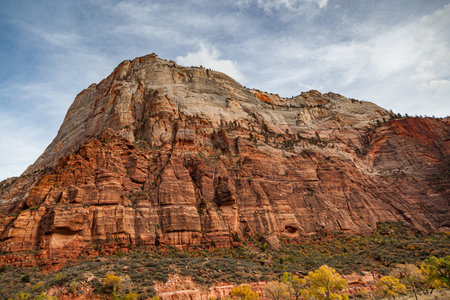 Zion Canyon at the base of Angel's Landing in the fall with changing trees and sunshine at Zion National Park, Utah.の写真素材