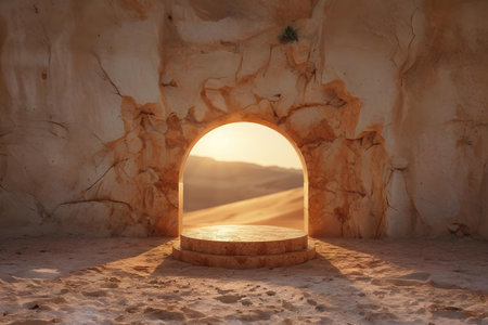 Empty round podium for product display in the desert. 3d renderingの写真素材