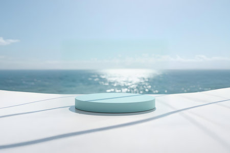 Blue round podium on white table with sea view background. 3d renderの写真素材