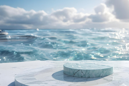 Round marble podium on a background of blue sea and sky with cloudsの写真素材