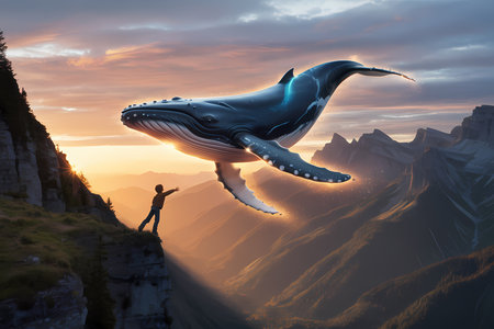 Whale flying in the sky as a concept of environmental conservation.の素材