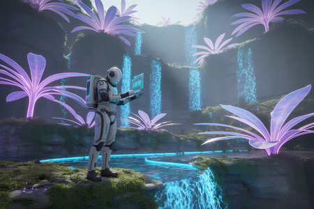 3D rendering of a robot standing in the middle of a fantasy gardenの素材