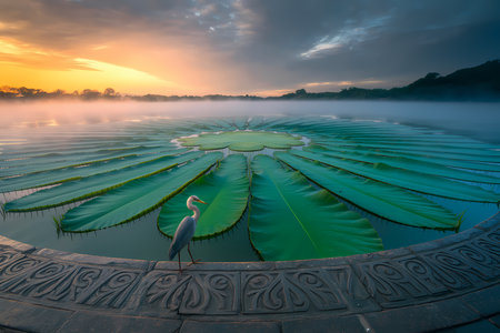 Mystical pond with great egret in the morning,Thailandの素材