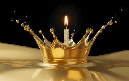 3d rendering of a golden crown with a burning candle on a black backgroundの素材