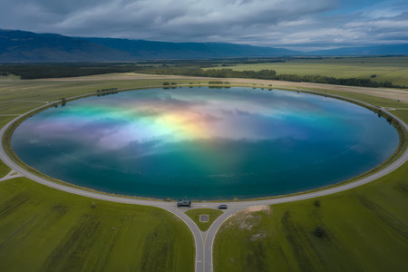 Aerial view of a lake with a rainbow in the middle.の素材