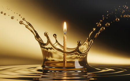 3d rendering of a golden water drop collision with a burning candle.の素材