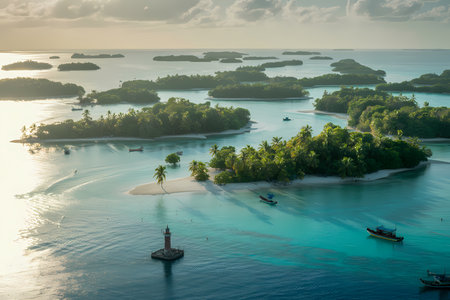 Aerial view of beautiful tropical island with white sand beach, turquoise sea and blue sky at sunset.の素材