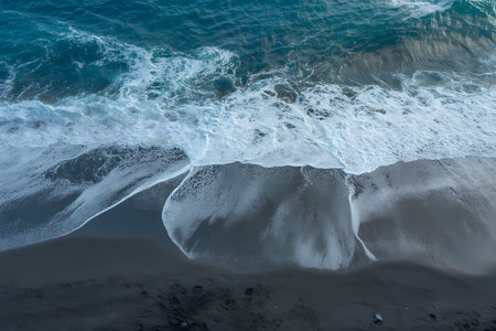 Aerial view of the ocean waves breaking on the black sand beachの素材