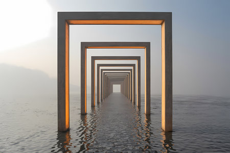 3d illustration of a corridor in the sea with sunlight coming throughの素材