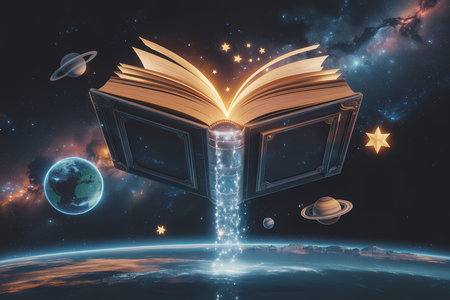 Open book with planets and stars floating in the space. 3D renderingの素材