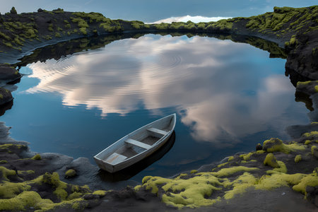 Fishing boat on the seashore with reflection in the waterの素材