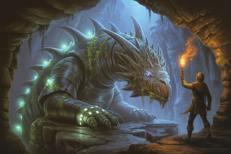 Fantasy scene with a dragon and a man in a cave.の素材