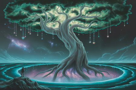 Fantasy illustration of an alien planet with a tree in the backgroundの素材