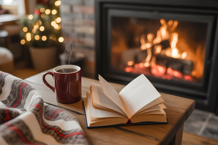 Relaxing indoor scene, hot beverage, open book, fireplace glow, comfortの素材