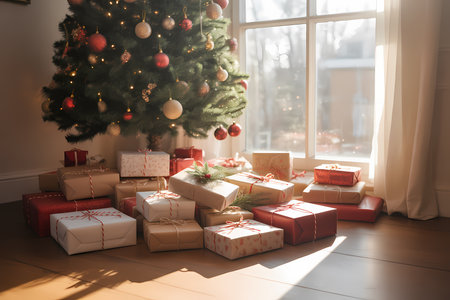 Festive evergreen with presents beneath, illuminated tree, holiday giftsの素材