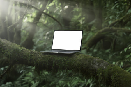 Contemporary notebook display on mossy branch lush tropical forest natureの素材