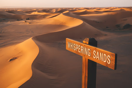 Wooden signpost 'Whispering Sands' in vast desert landscape, golden sand dunes stretching distance.の素材
