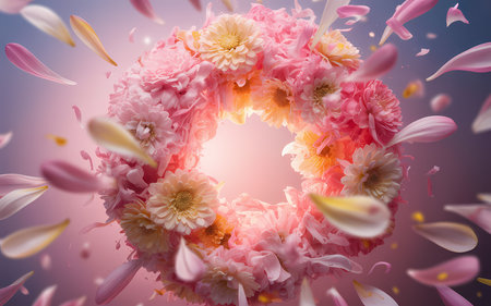 Pink flower wreath, delicate petals surround, soft illumination, light pink and yellow shades, natureの素材