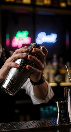 Bartender hands shaking drink in metal shaker. Professional mixing cocktail creation. Shiny wet cocktail shaker at dark counter. Beverage preparation process.の素材