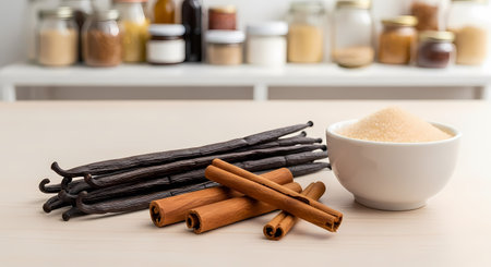Vanilla beans, cinnamon sticks, brown sugar. Spices on table, jars in background. Flavorful baking ingredients.の素材