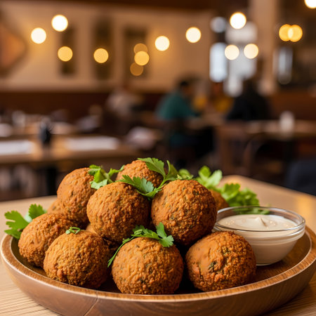 Delicious falafel balls dish. Fresh falafel served in a restaurant. Traditional Middle Eastern food. Appetizing vegetarian meal.の素材