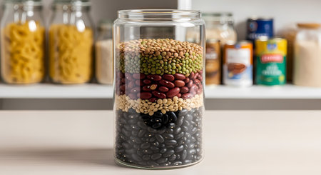 Clear glass jar features black beans, lentils, kidney beans. Pantry shelf holds pasta, canned goods, other dry foods. Kitchen organization, healthy eating, food storage solutions.の素材